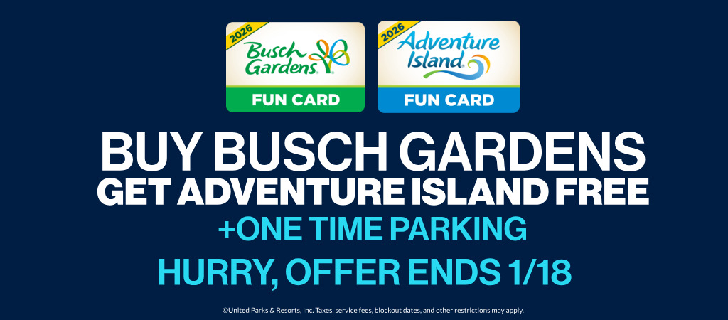 Buy Busch Gardens get Adventure Island Free + One Time Parking