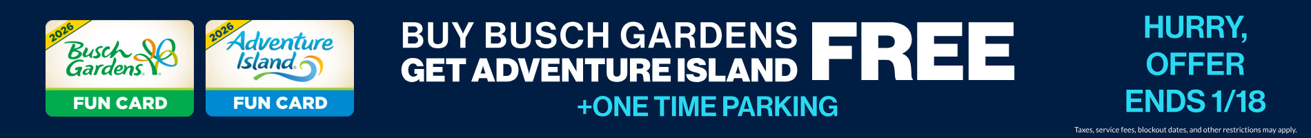 Buy Busch Gardens get Adventure Island Free + One Time Parking